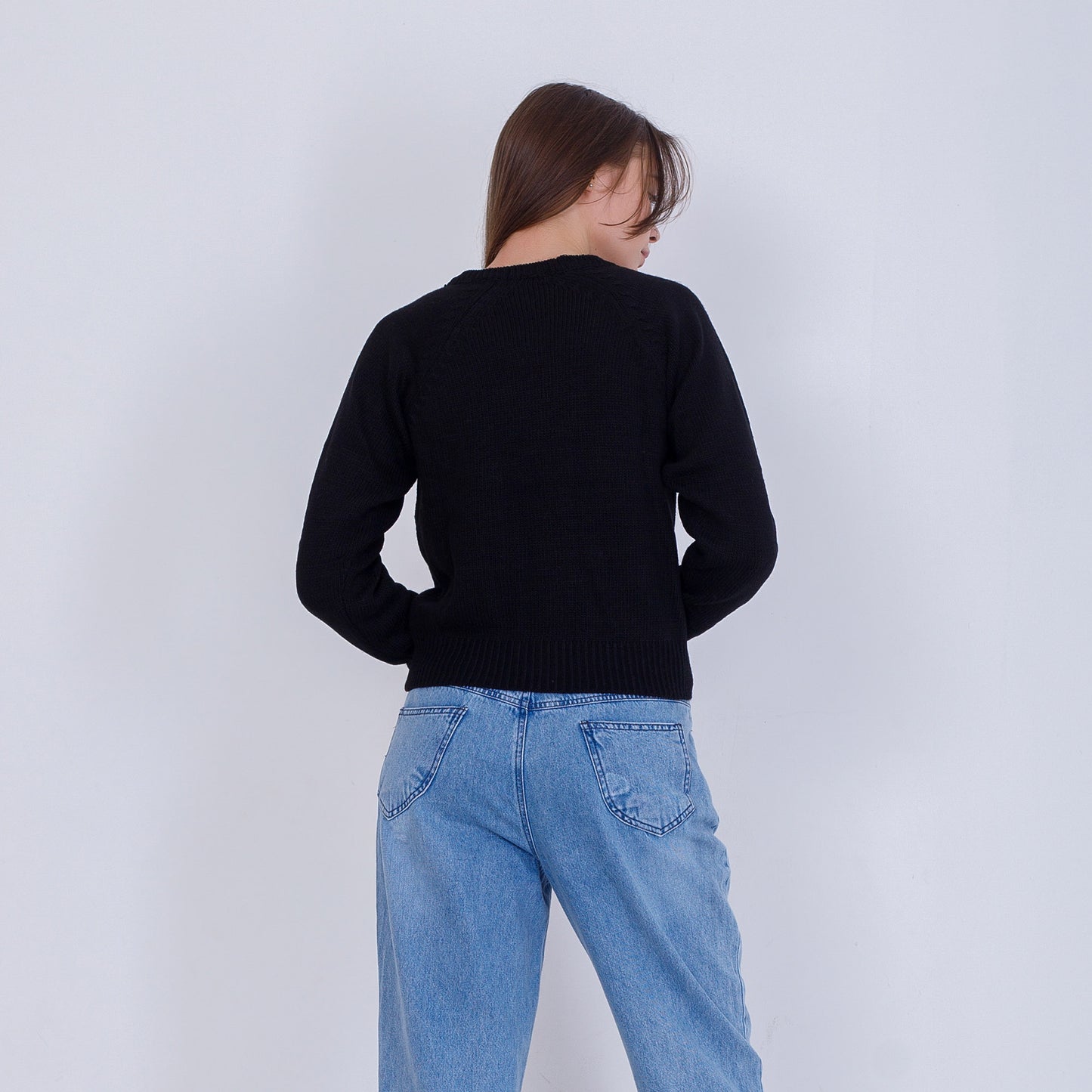 Black High Hip Knitted Plain Pullover