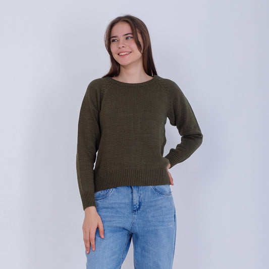 Olive High Hip Knitted Plain Pullover