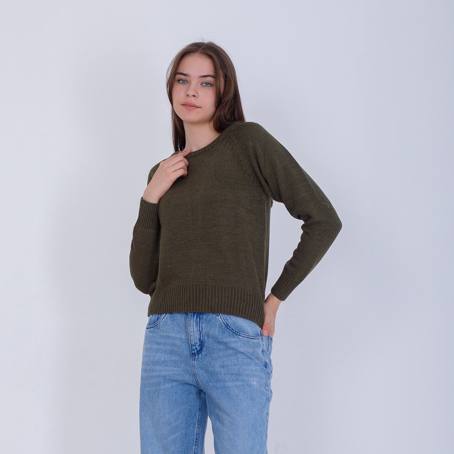 Olive High Hip Knitted Plain Pullover