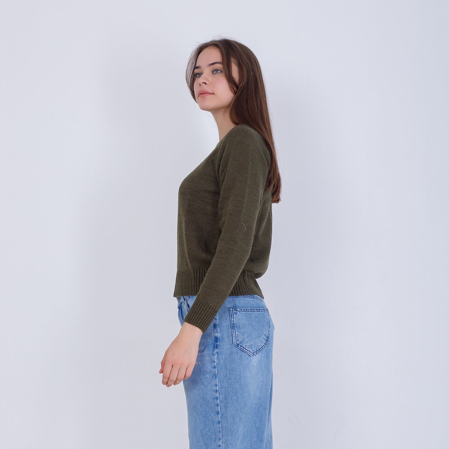 Olive High Hip Knitted Plain Pullover