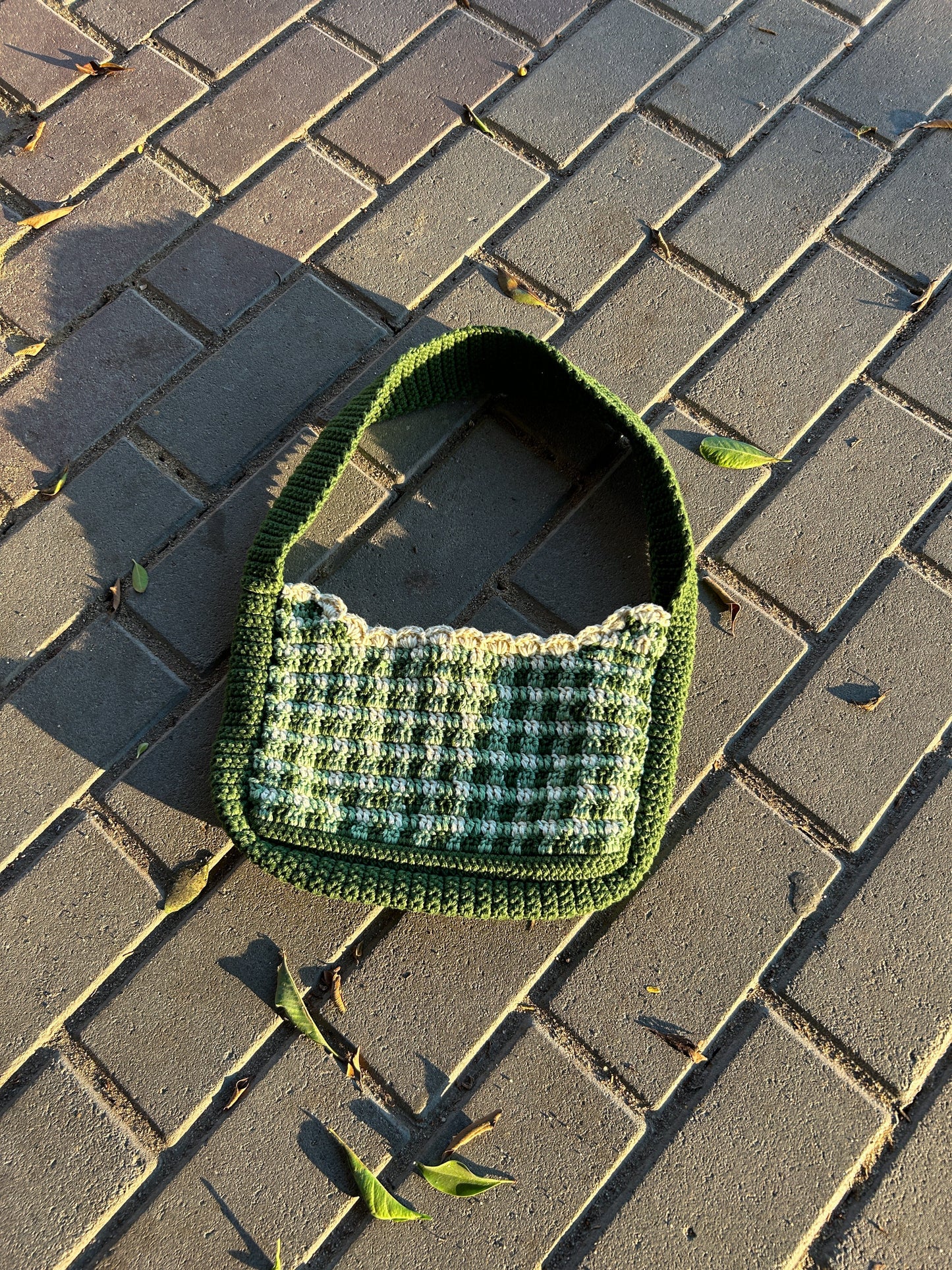 Helio Green Crochet Checked Shoulder Bag