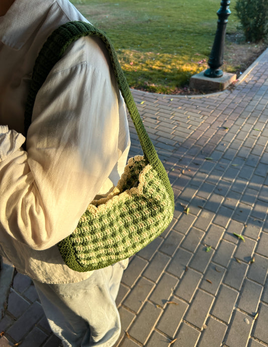 Helio Green Crochet Checked Shoulder Bag