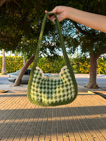 Helio Green Crochet Checked Shoulder Bag