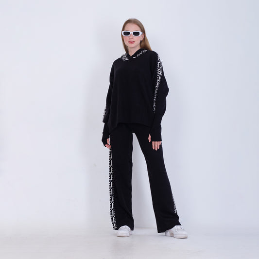 Black Jacquard Set of Thumb Hole Hoodie & Pants