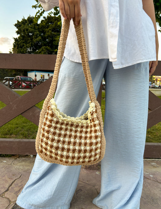 Helio Café Crochet Checked Shoulder Bag