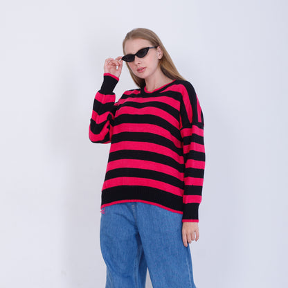 بلوفر محبوك مخطط بلونين فوشيا