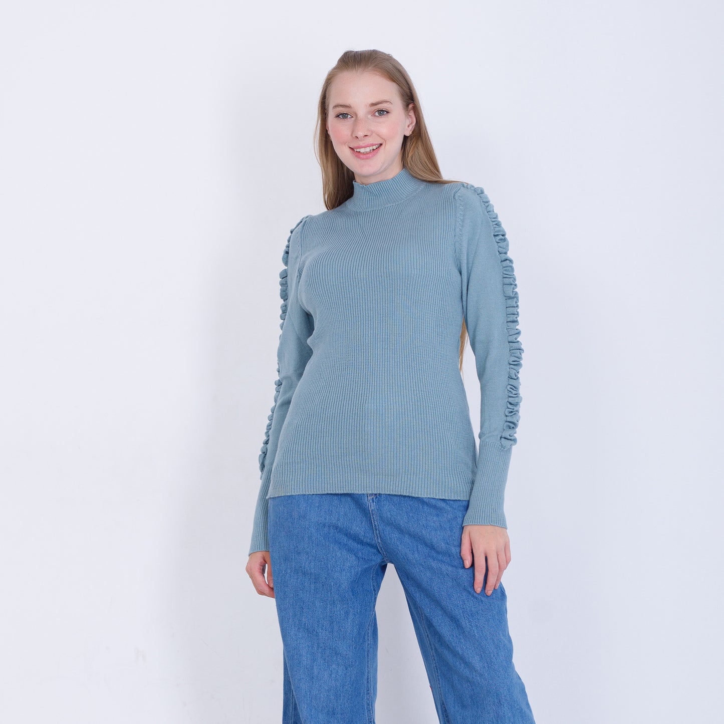 Slate Blue Knitted Pullover With Ruffle Sleeves