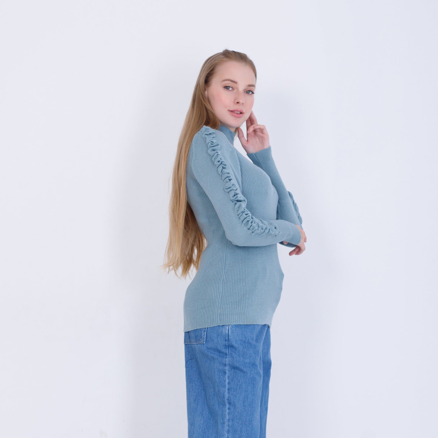 Slate Blue Knitted Pullover With Ruffle Sleeves