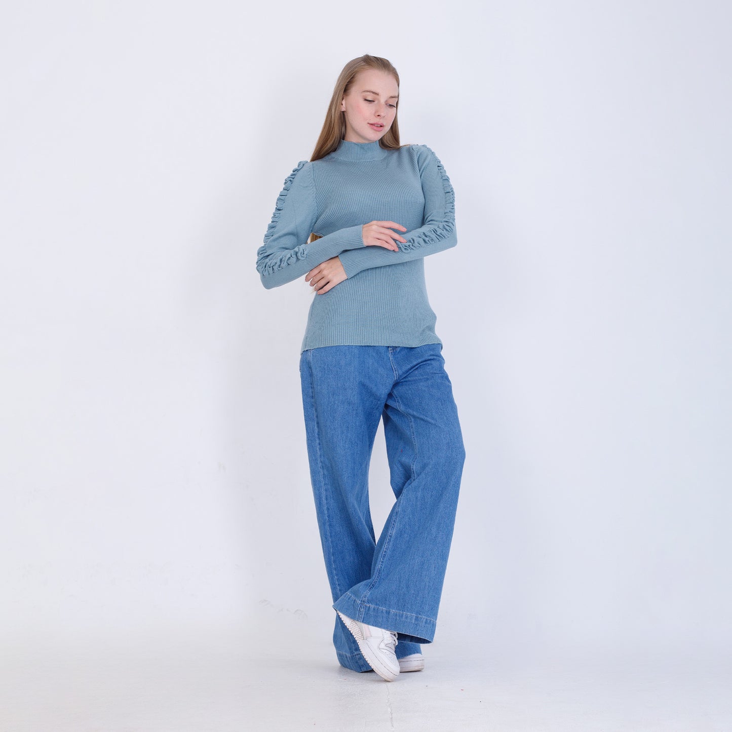 Slate Blue Knitted Pullover With Ruffle Sleeves