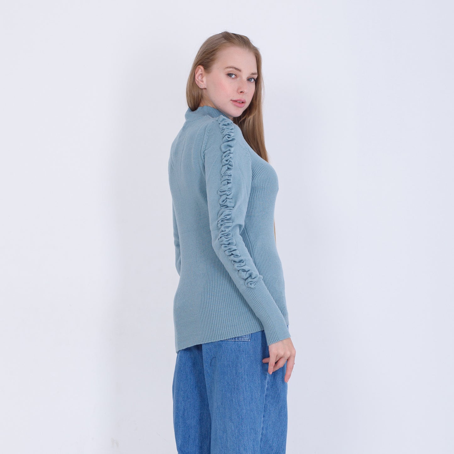 Slate Blue Knitted Pullover With Ruffle Sleeves