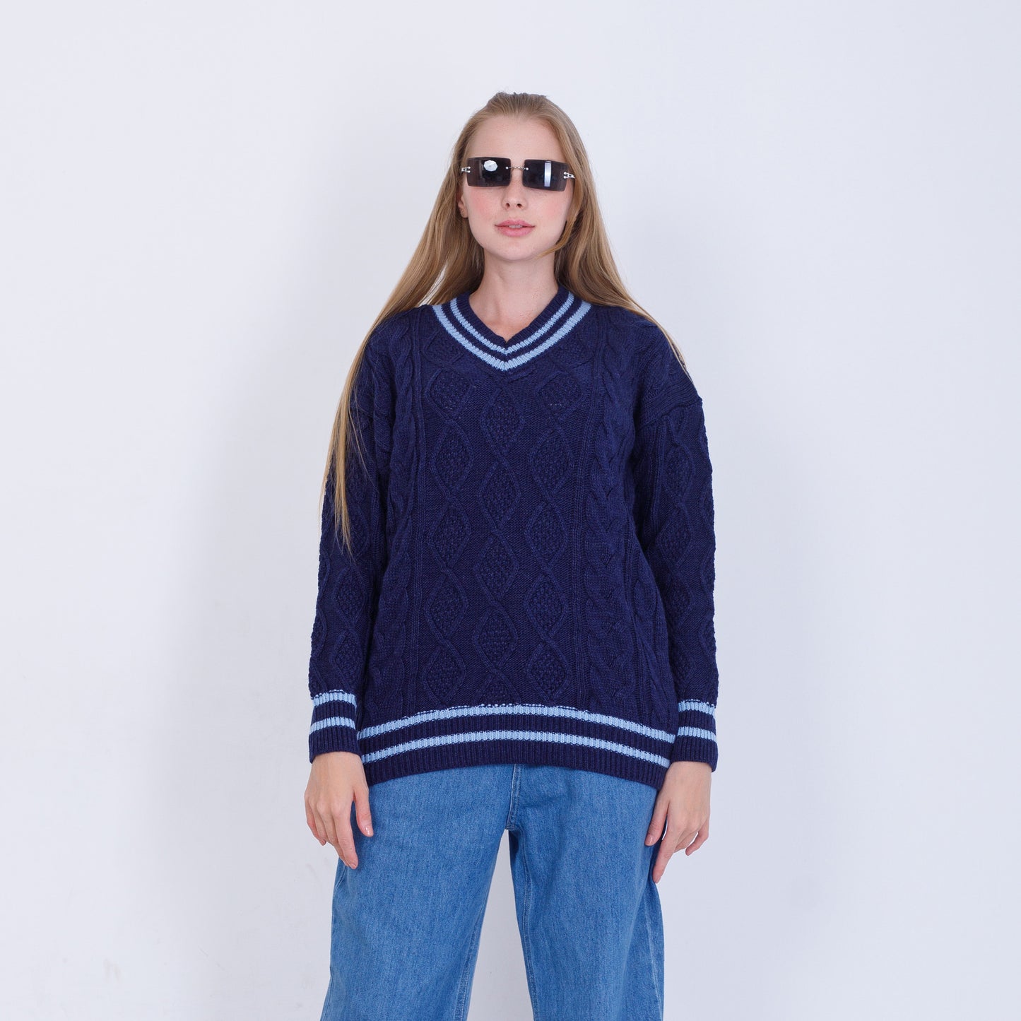 Dark Blue V-Neck Knitted Pullover