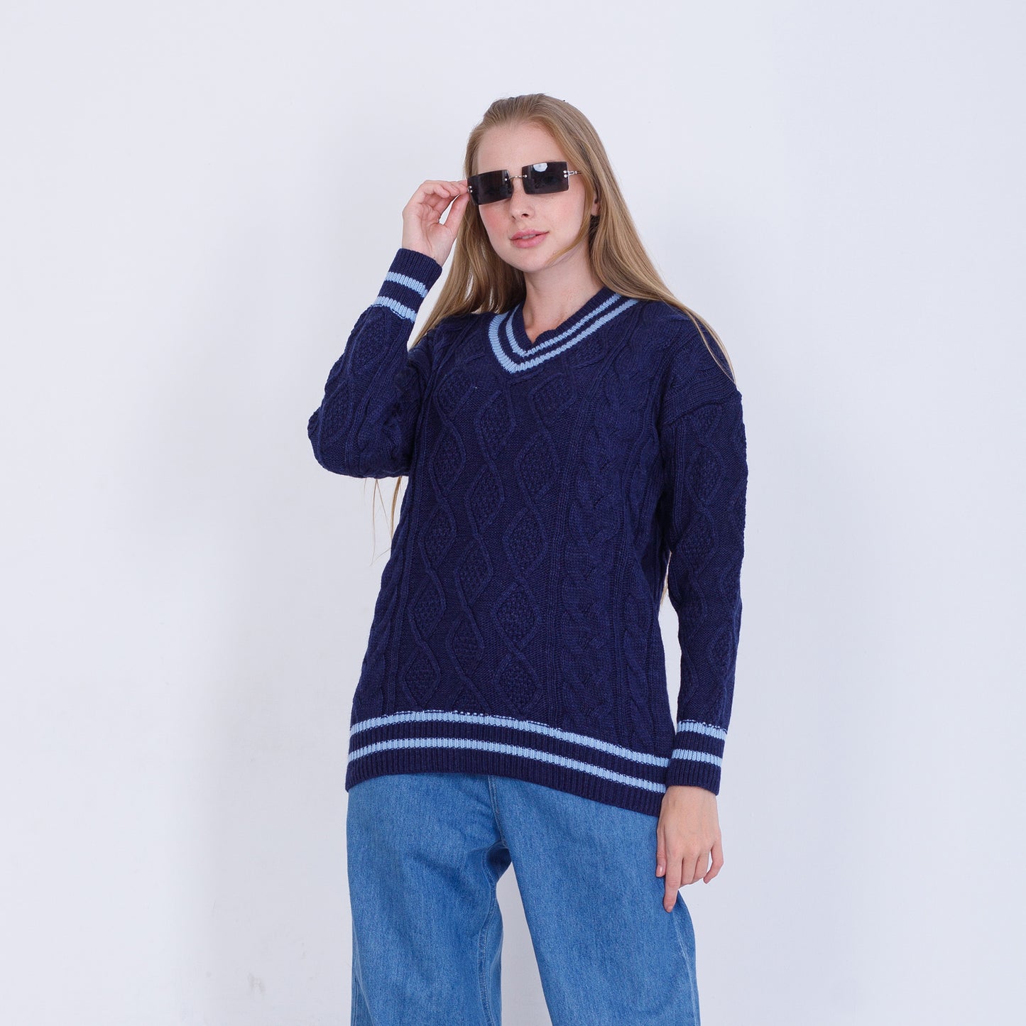 Dark Blue V-Neck Knitted Pullover