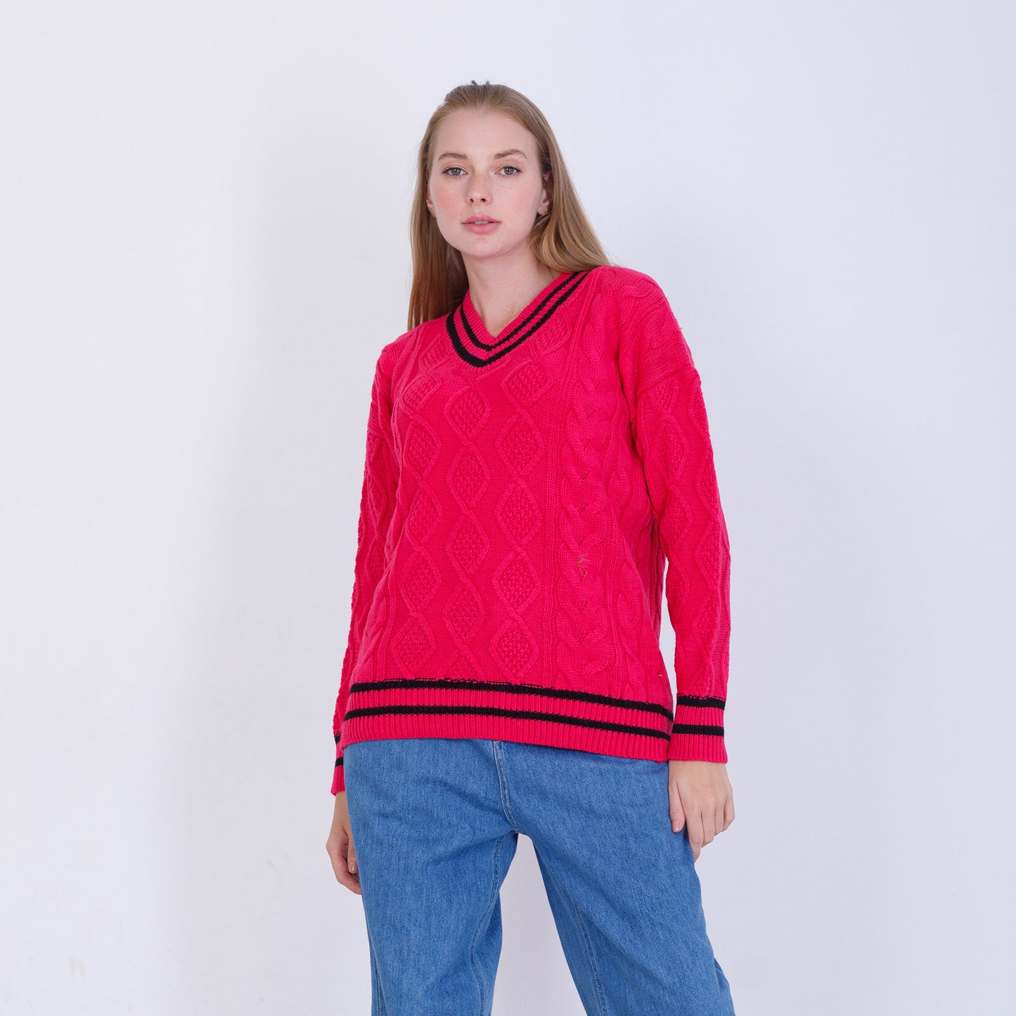 Fuchsia V-Neck Knitted Pullover