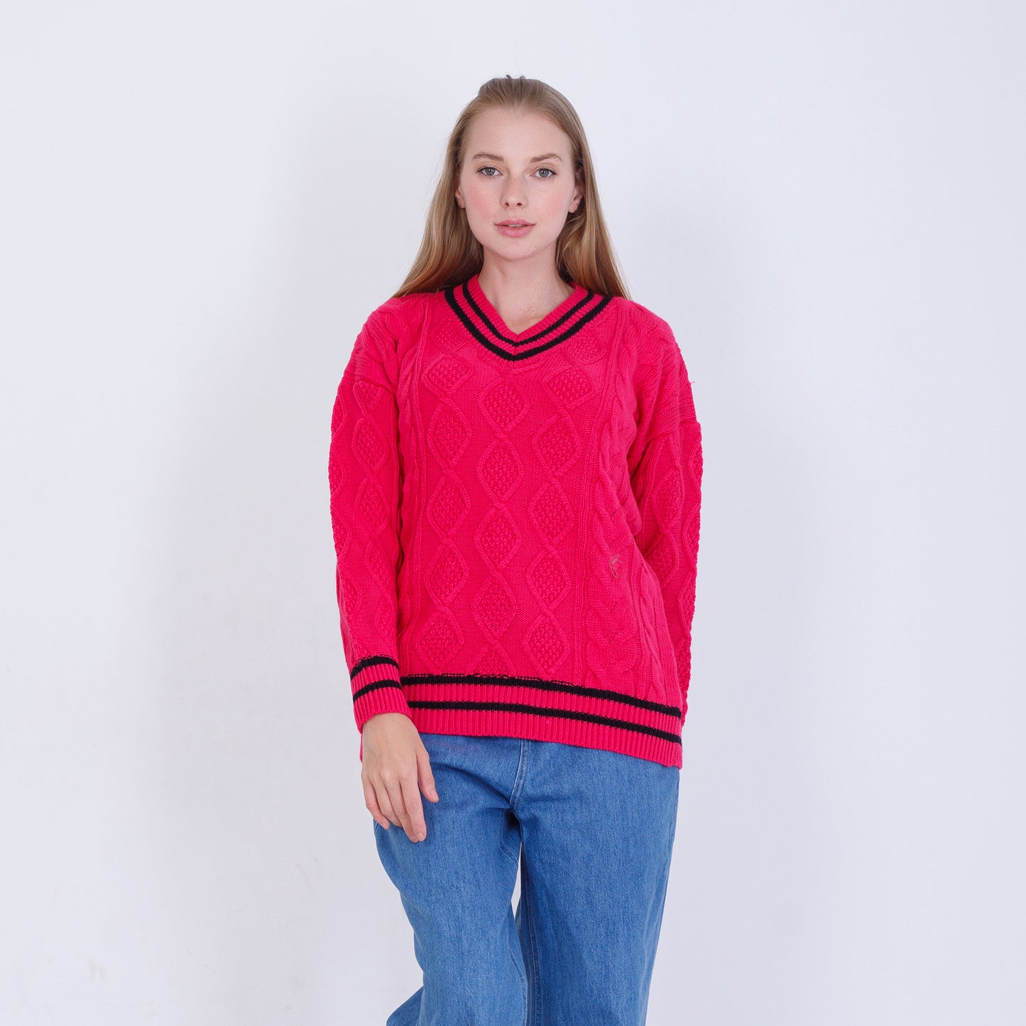 Fuchsia V-Neck Knitted Pullover