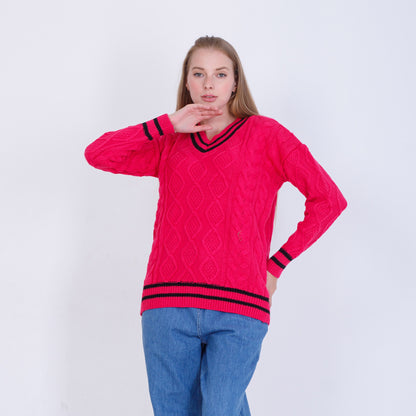 بلوفر محبوك بفتحة رقبة على شكل حرف V بلون الفوشيا