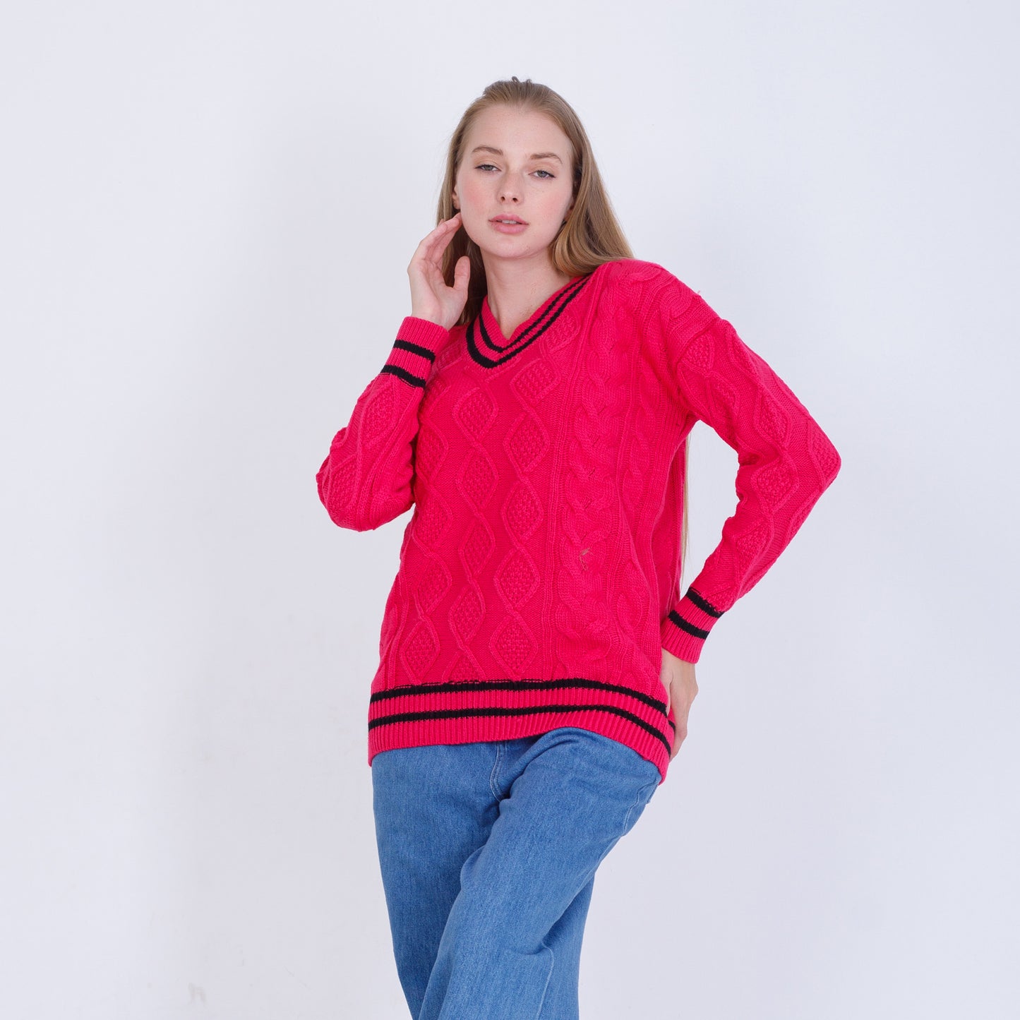 Fuchsia V-Neck Knitted Pullover