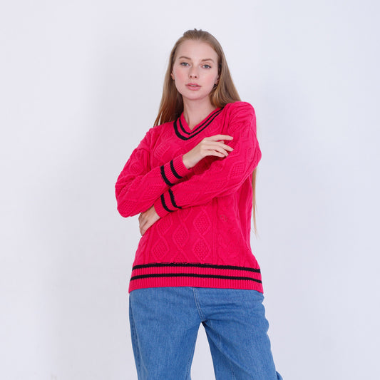 Fuchsia V-Neck Knitted Pullover