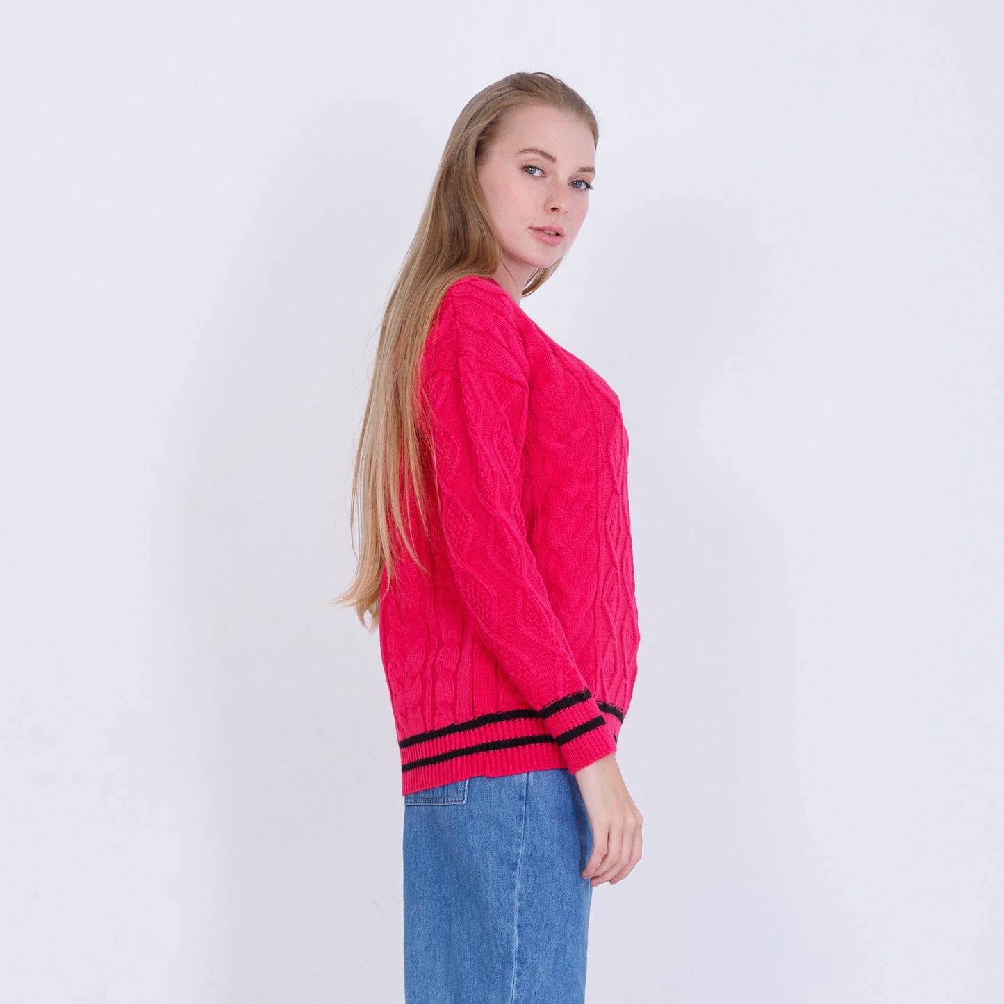 Fuchsia V-Neck Knitted Pullover