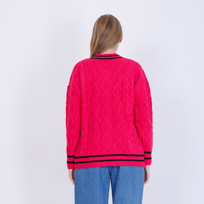 بلوفر محبوك بفتحة رقبة على شكل حرف V بلون الفوشيا