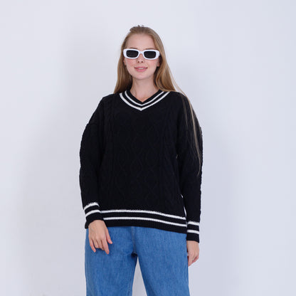 بلوفر محبوك أسود برقبة على شكل حرف V