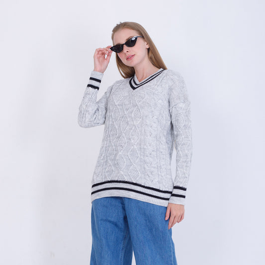 Silver V-Neck Knitted Pullover