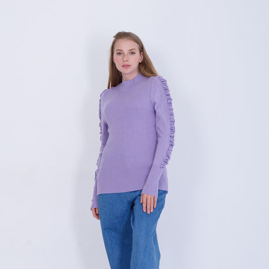 Purple Knitted Pullover With Ruffle Sleeves