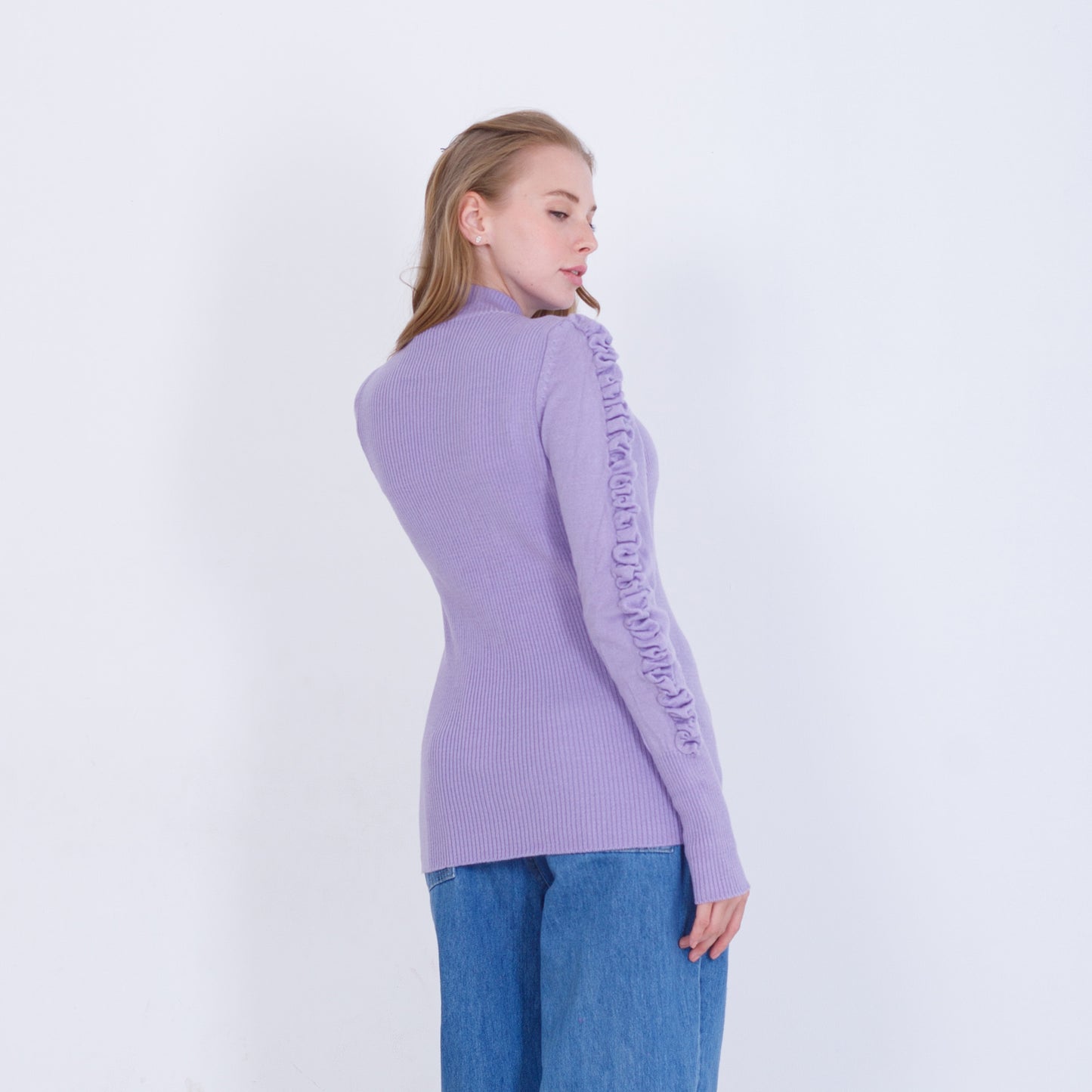 Purple Knitted Pullover With Ruffle Sleeves