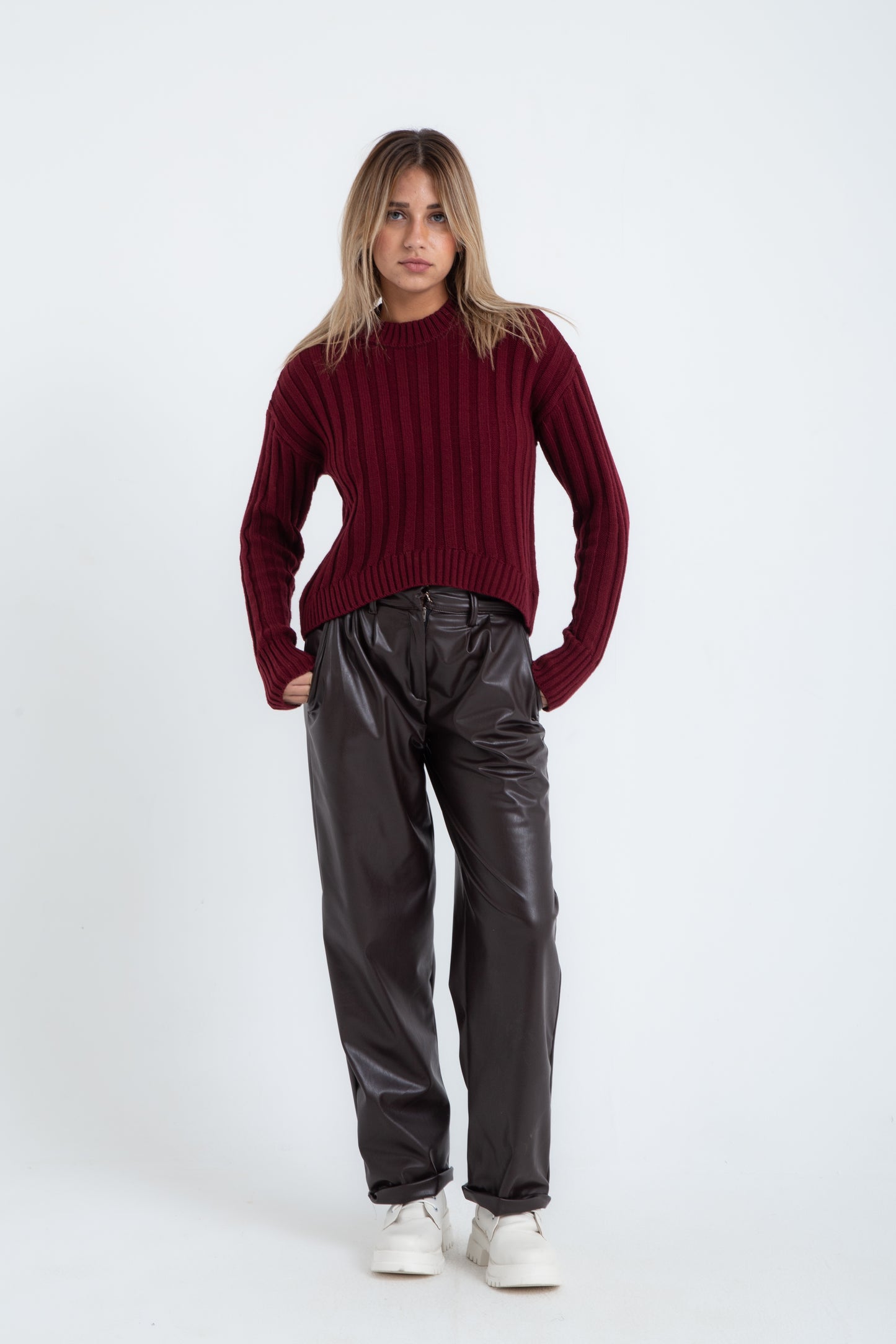 Maroon High Hip Ribbed Pullover