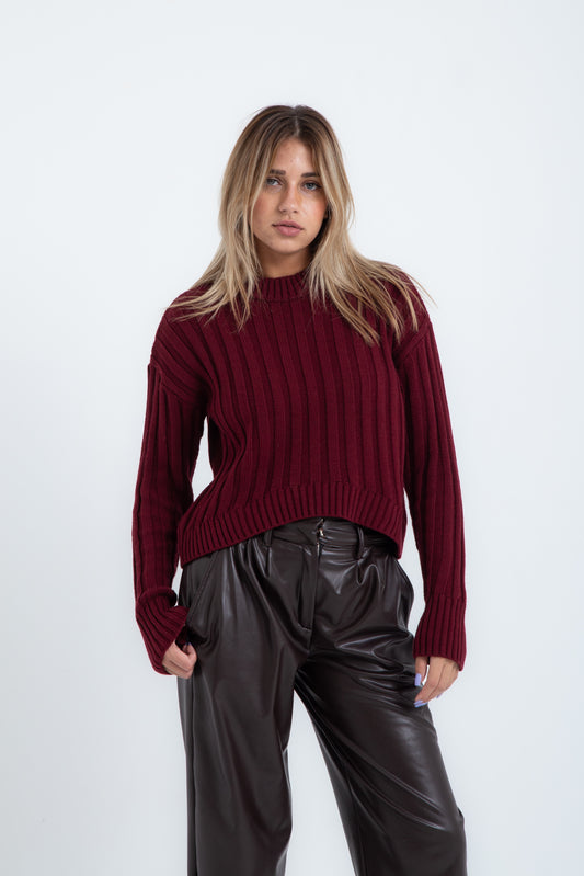 Maroon High Hip Ribbed Pullover