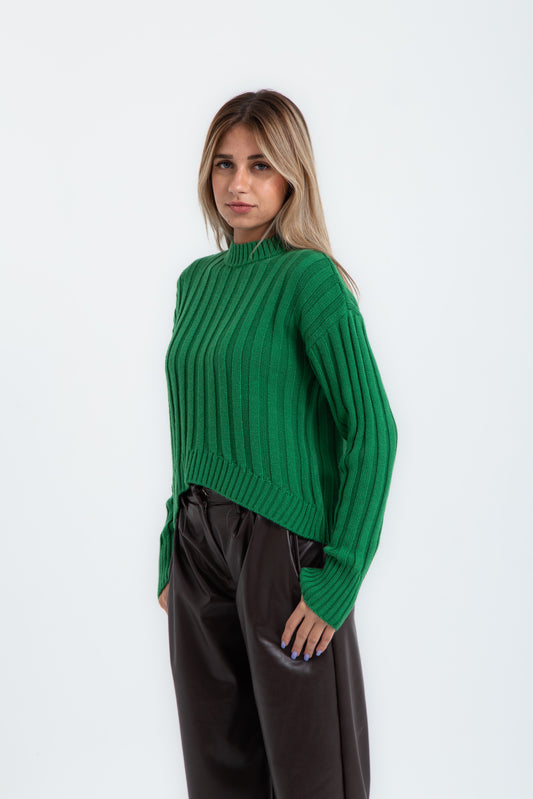 Green High Hip Ribbed Pullover