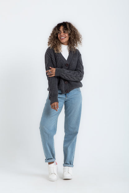 سويتر منسوج بأزرار، رمادي