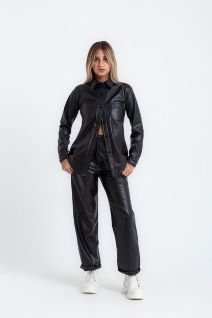 Premium Line Black Regular Fit Leather Shirt