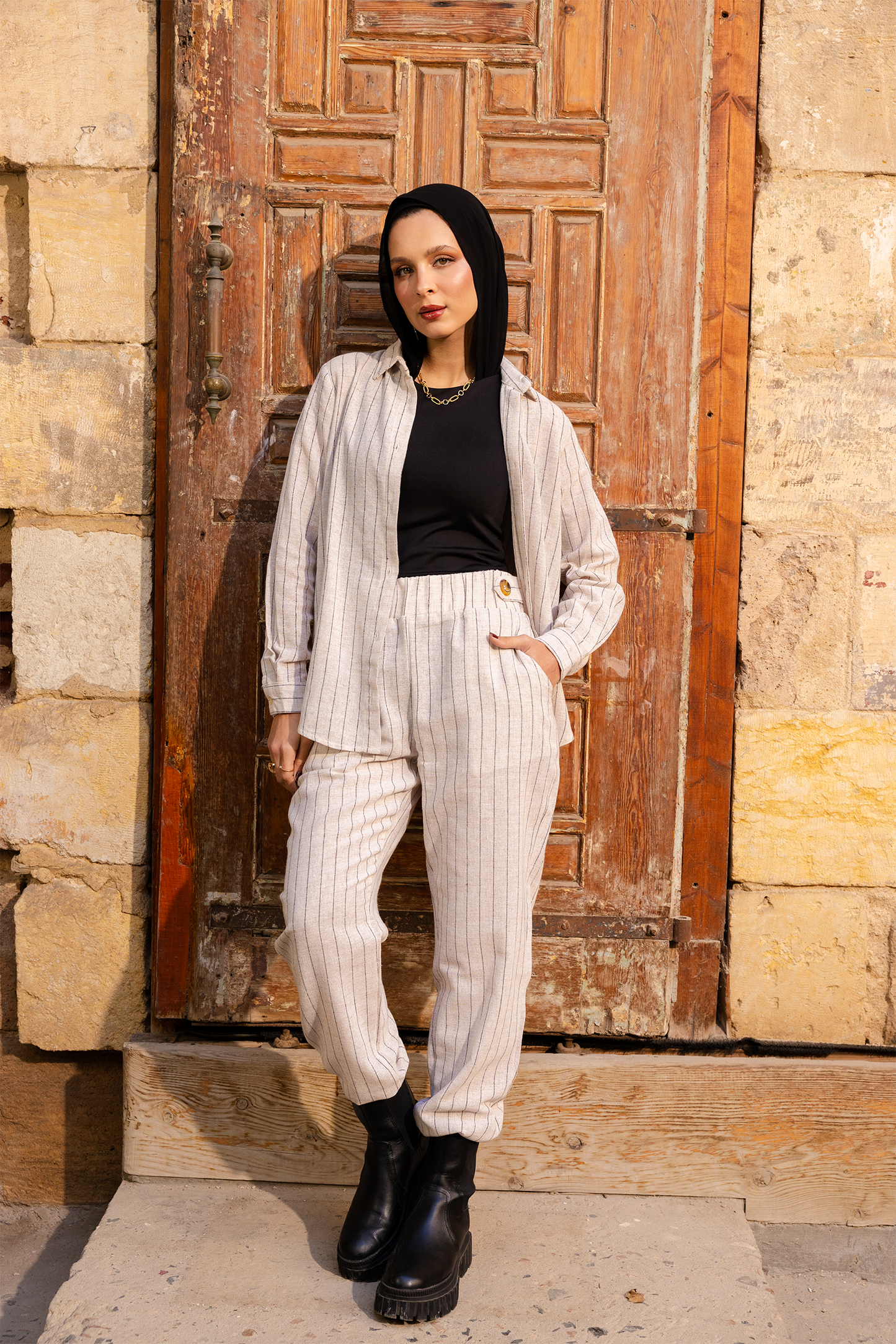 Beige Linen Striped Shirt