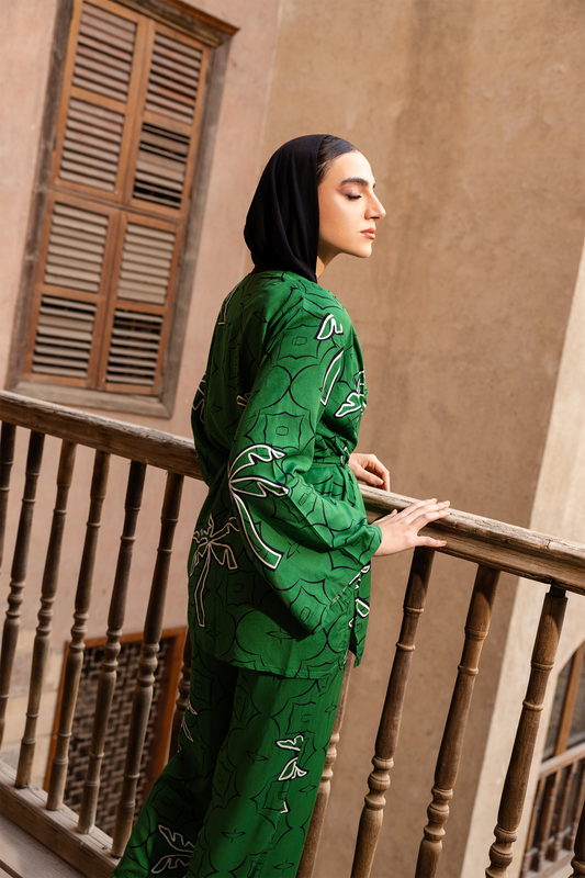 Palm Printed Green Kimono