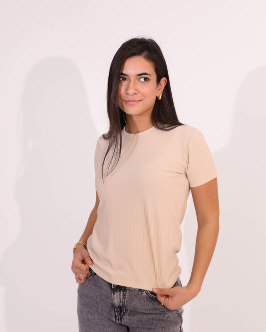 Beige Cotton Basic T-Shirt