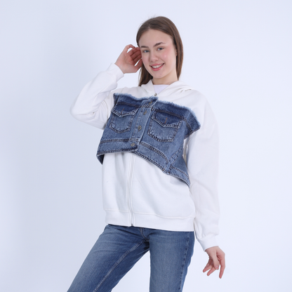 هودي ميلتون أبيض عاجي مع جيوب من قماش الدنيم