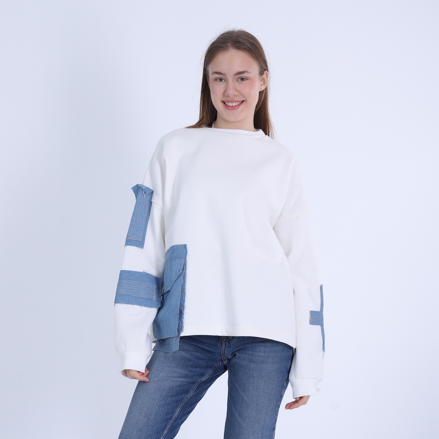 Off-White Sweatshirt with Side Denim Pocket