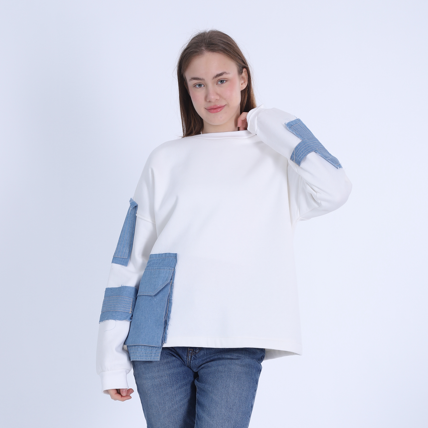 Off-White Sweatshirt with Side Denim Pocket