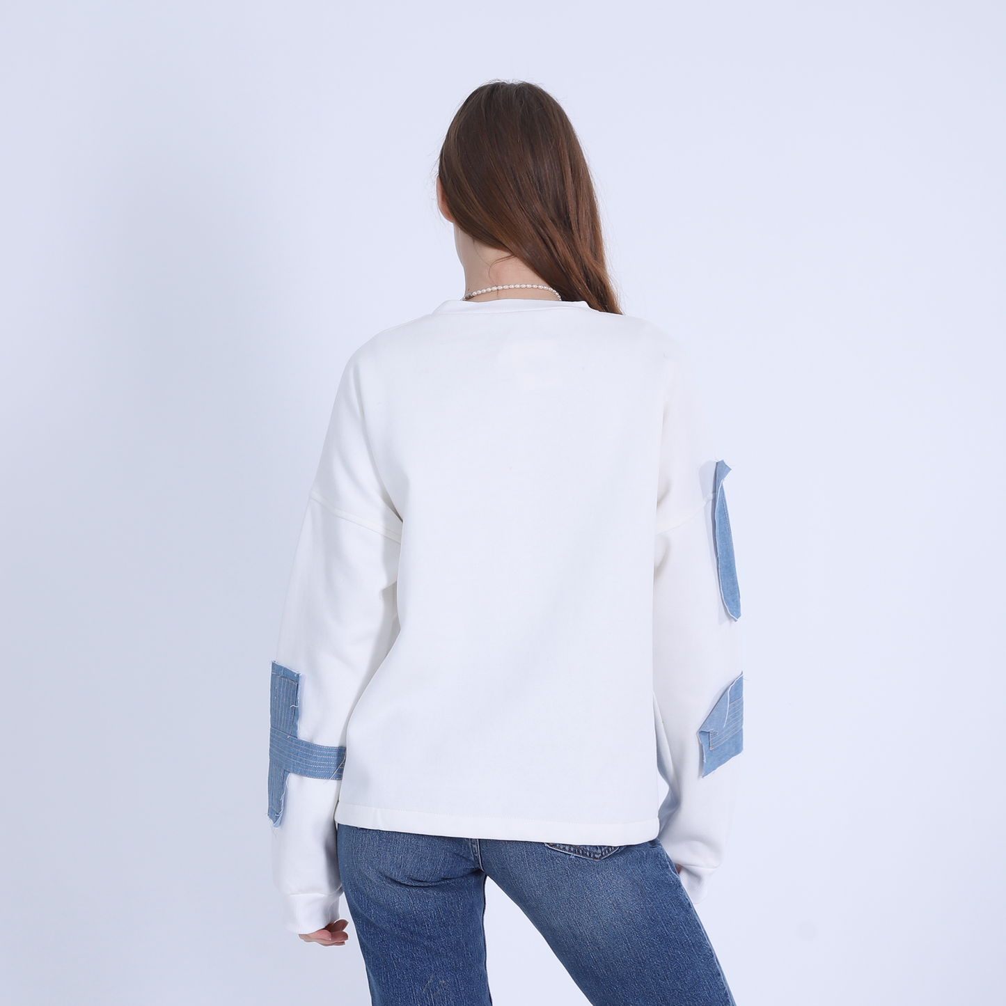 Off-White Sweatshirt with Side Denim Pocket