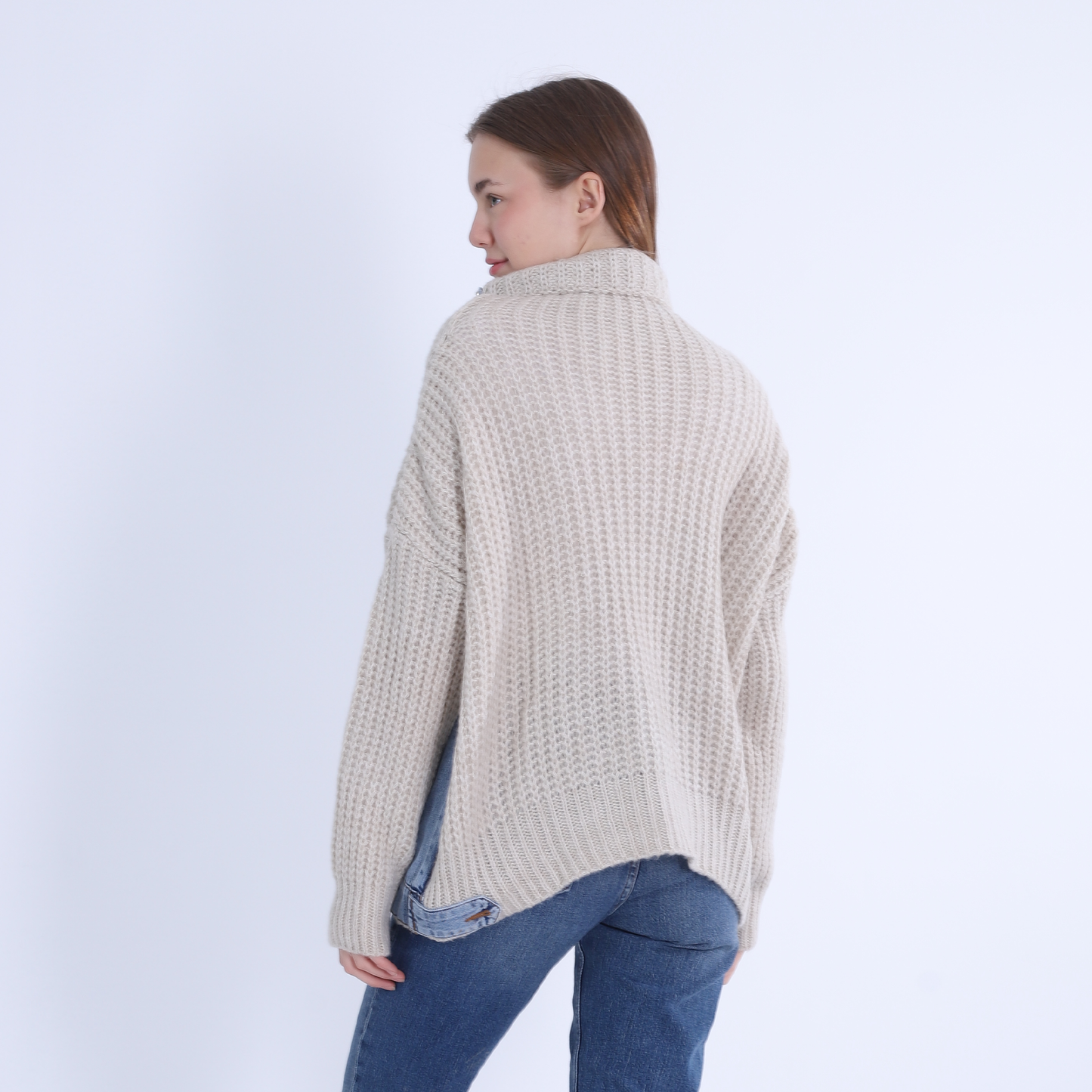 Beige Trico Pullover with Denim Pockets