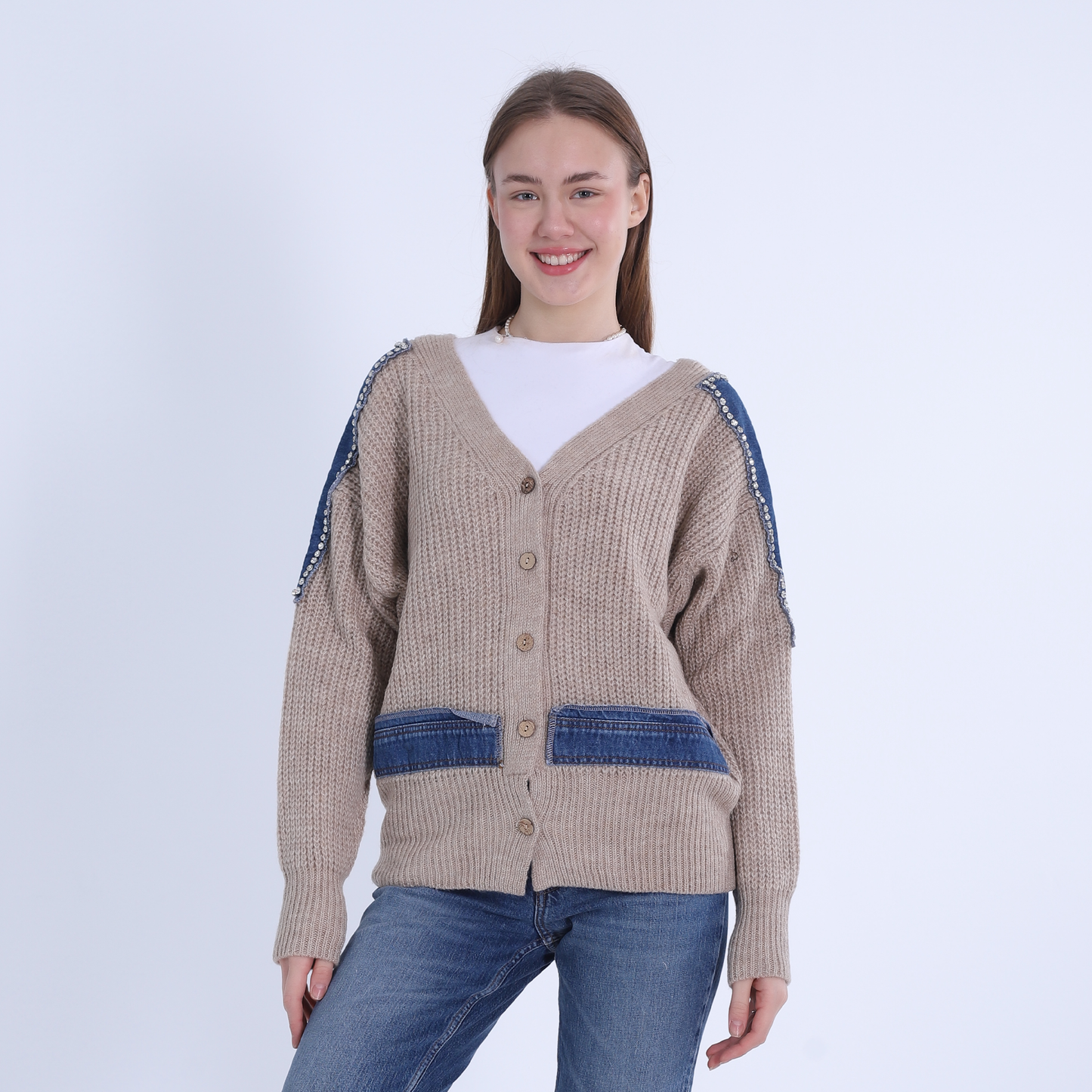 Knitted Sweater Decorated with Denim Pieces