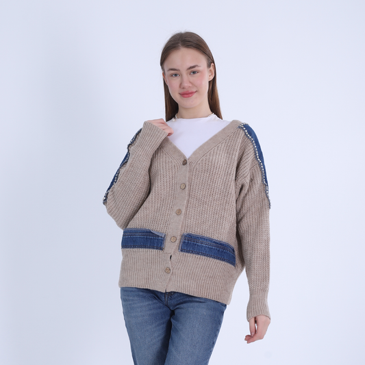 Knitted Sweater Decorated with Denim Pieces