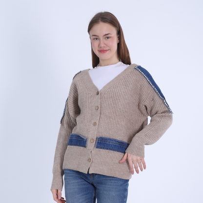 Knitted Sweater Decorated with Denim Pieces