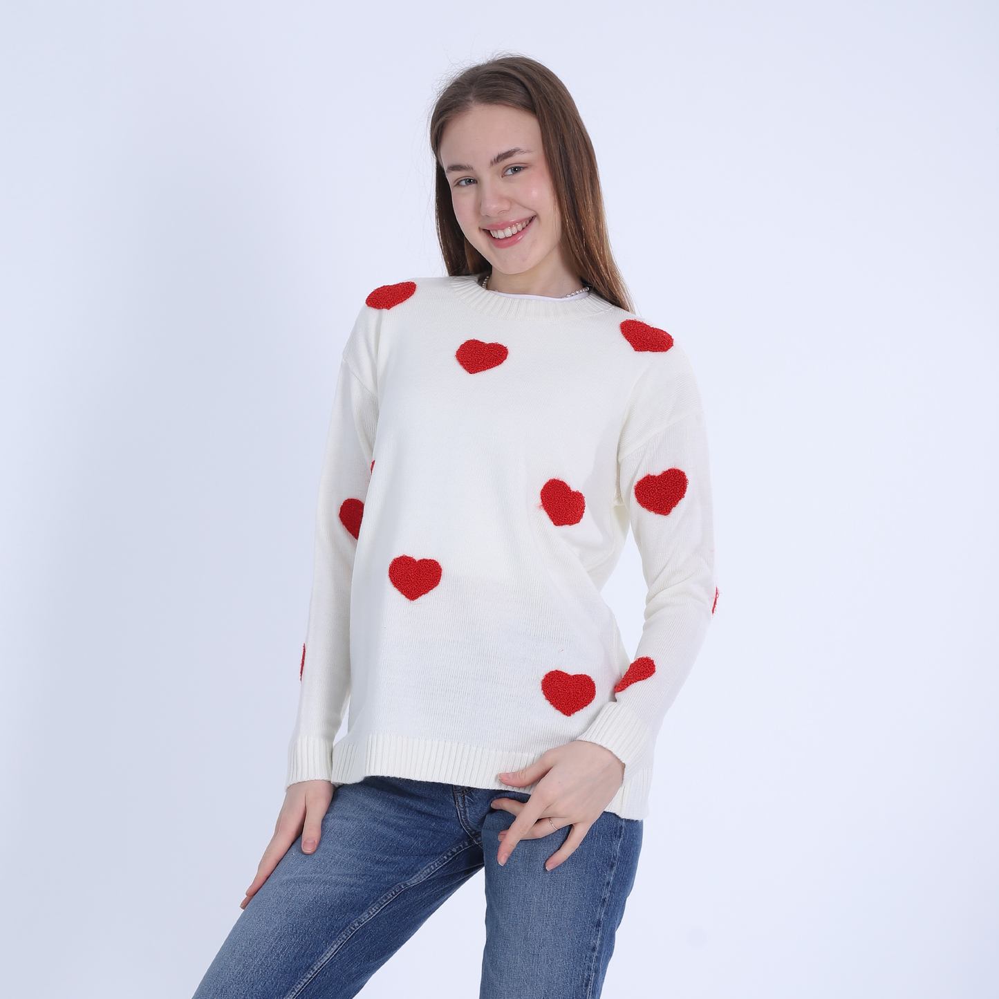 White Heart Print Trico Pullover