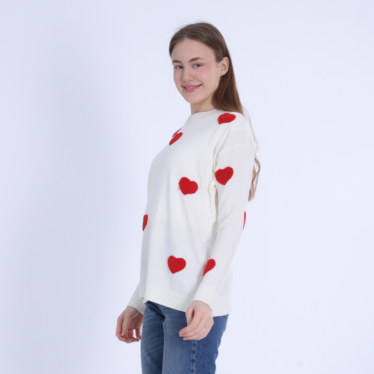 White Heart Print Trico Pullover