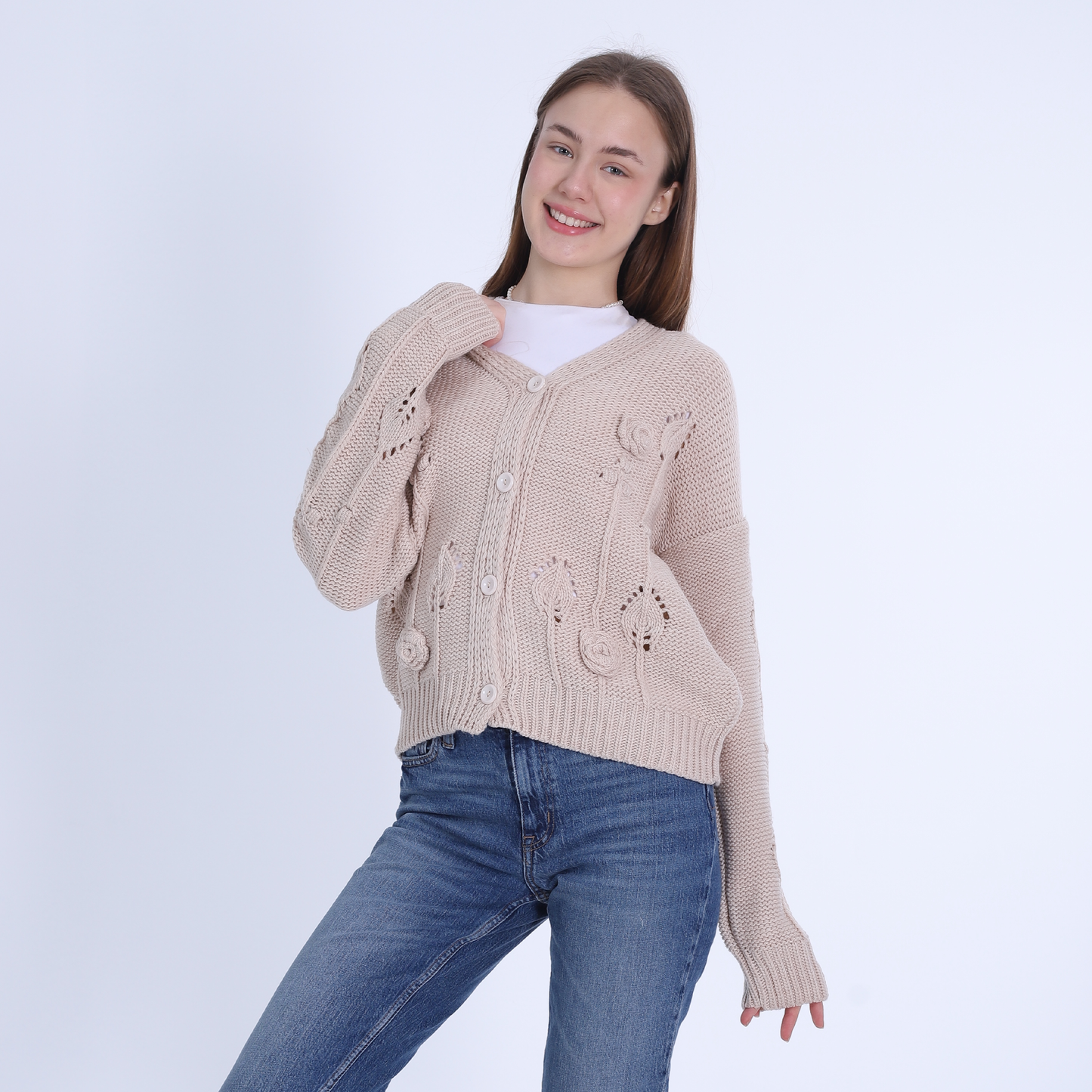 Beige Knitted Sweater with Buttons