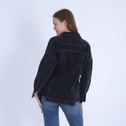 سترة جينز سوداء بأزرار كاملة