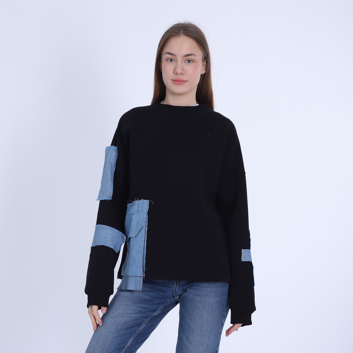 Black Sweatshirt with Side Denim Pocket