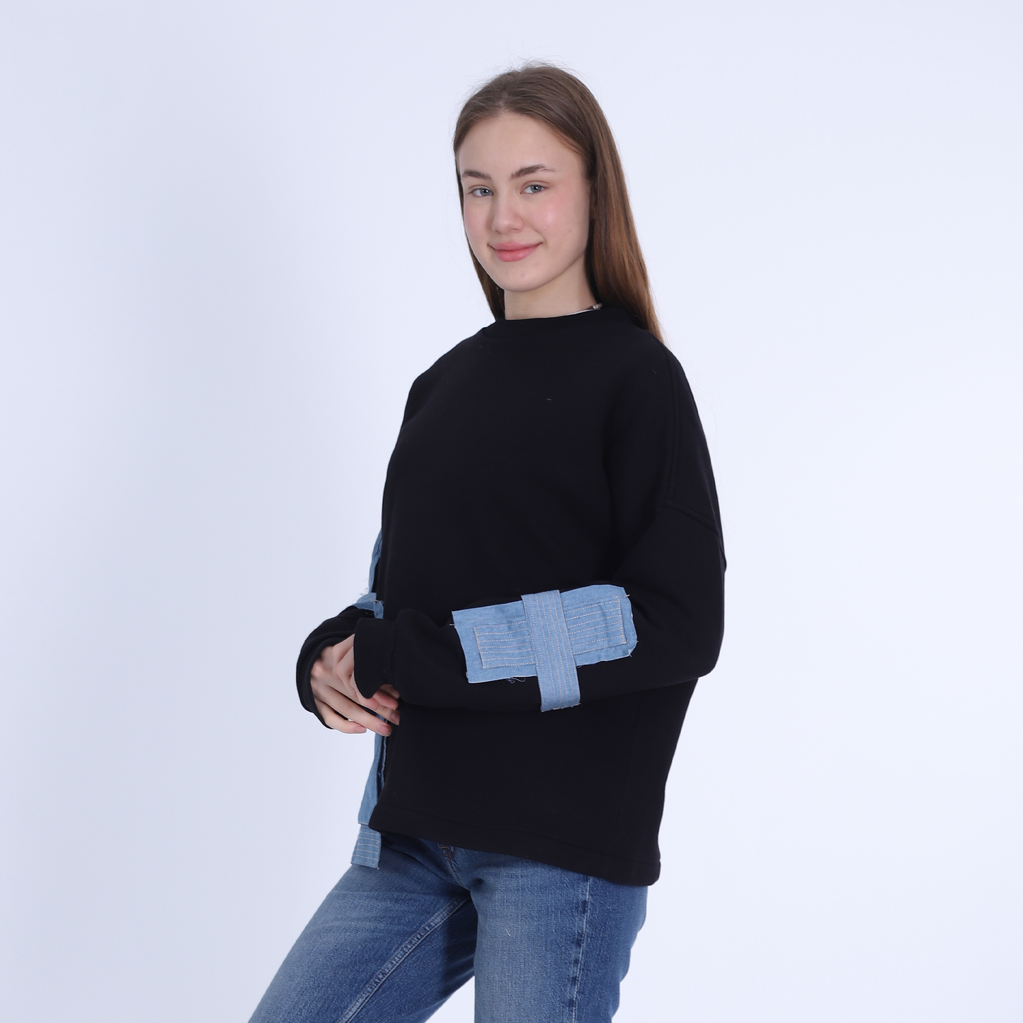 Black Sweatshirt with Side Denim Pocket