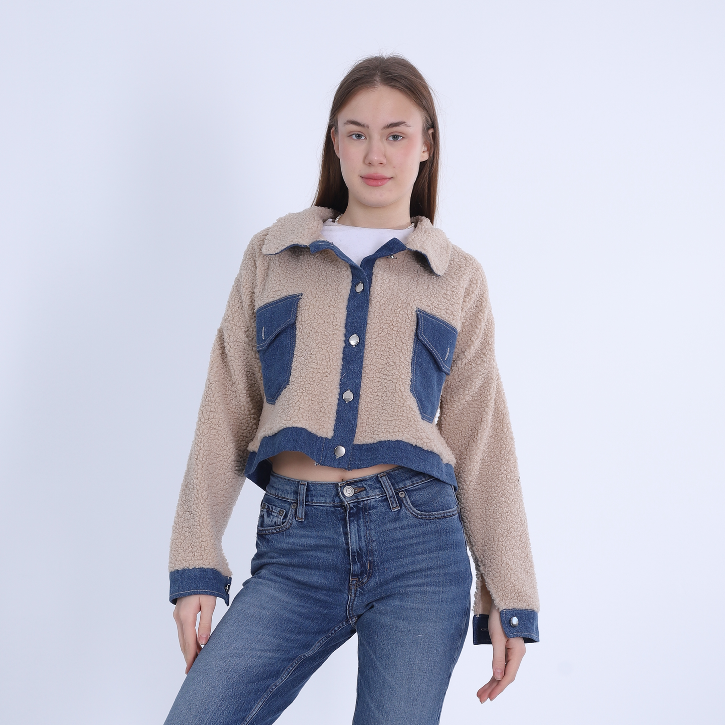 Beige Fur Jacket with Denim Pockets